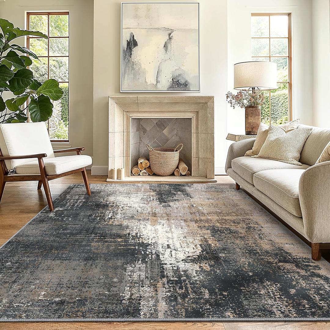 GENIMO Washable Area Rugs for Living Room Bedroom, 9x12 Modern Abstract Non Slip Rug, Low Pile Soft Contemporary Indoor Floor Carpet Cover for Dinning Room Kitchen, Black