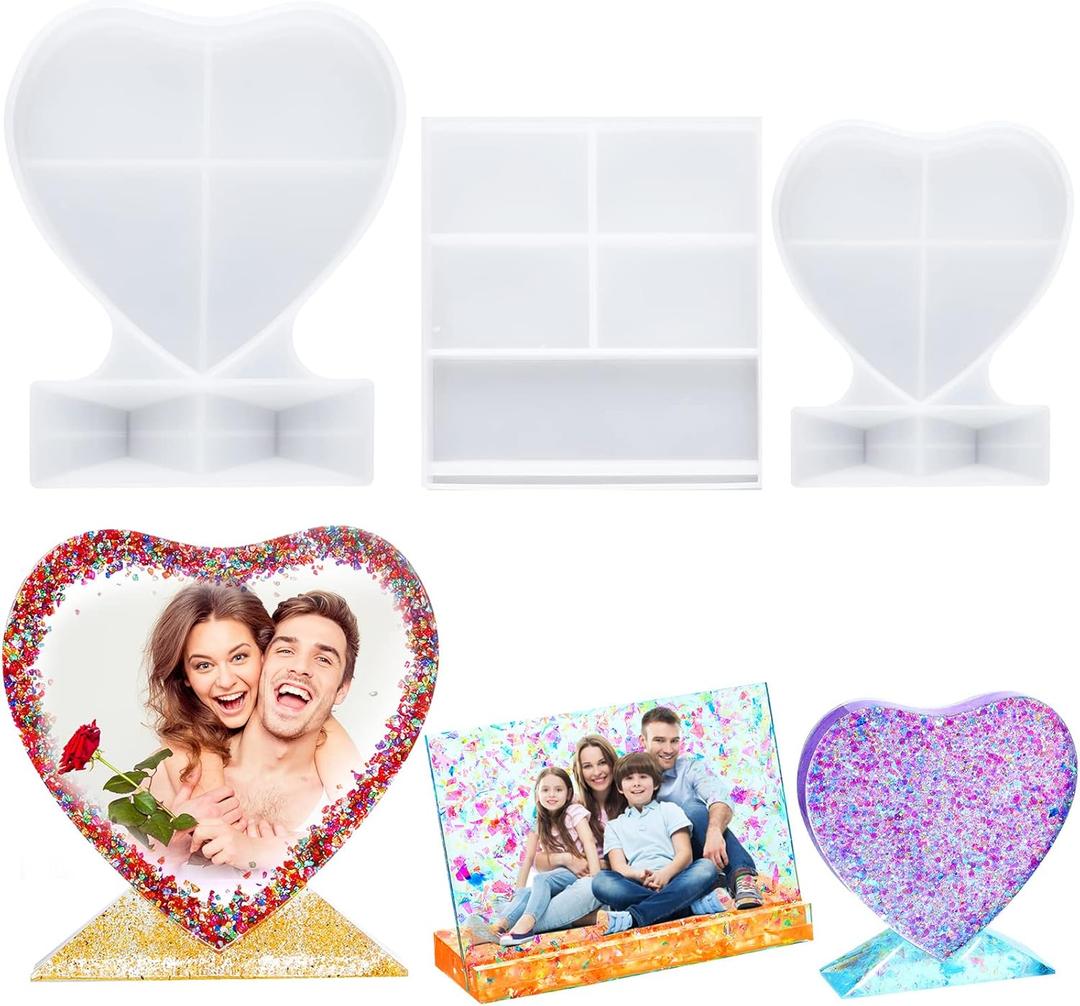 Patelai 3 Pieces Resin Photo Frame Molds Heart Rectangle Shape Silicone Picture Mold for Casting, DIY Personalized Epoxy Photo Frame Shape for Crafts Table Home Decoration