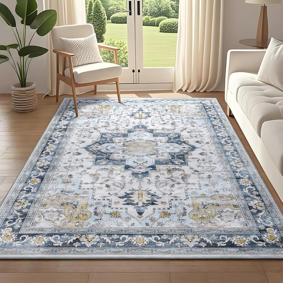 4x6 Vintage Area Rug for Bedroom Living Room, Washable Indoor Rug Non Slip, Thin Throw Floral Floor Low Pile Distressed Carpet for Bathroom Office Laundry Kitchen (Blue/Orange)