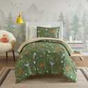 Intelligent Design Kids Queen Comforter Set, Reversible Plush, Cozy Plush Reverse Bedding, Winter Fluffy Comforter Bed Set, 2 Shams, Enchanting Forest Animals, Full/Queen, Sage Green 3 Piece