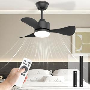 Hisummer 28 Inch Black Ceiling Fan with Light and Remote, Small Modern Reversible 6-Speed Fan for Bedroom, Kitchen, Patio, Indoor/Outdoor (Black-Downrod Mount)