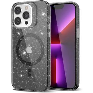 oakxco for iPhone 13 Pro Case Clear Glitter Compatible with Magsafe, Girly Sparkle Bling Magnetic Mag Safe 13 Pro Phone Case for Women, Cute Aesthetic Non-Yellowing, Black