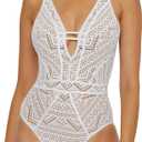 BECCA Color Play One Piece Swimsuit, Plunge Neck, Crochet, Bathing Suits for Women (Medium, White Tan)