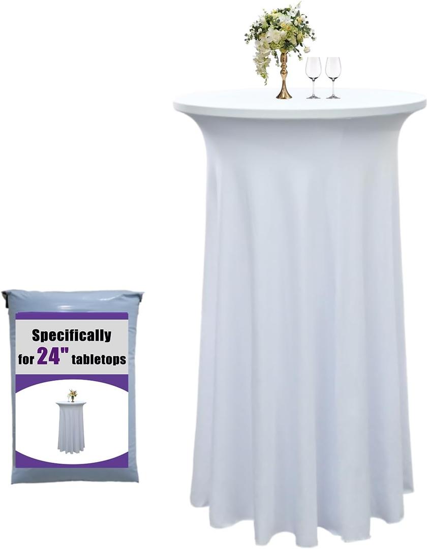 1-Pack 24"x43" White Round Cocktail Table Skirts | Stretch Spandex Fitted Tablecloths | Stain-Resistant, Wrinkle-Resistant, and Machine Washable for Bars, Weddings, Parties, and Banquets