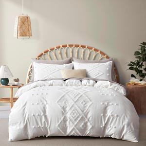 Oli Anderson Tufted Duvet Cover Queen Size, Soft and Lightweight Duvet Covers Set for All Seasons, 3 Pieces Boho Embroidery Shabby Chic Bedding Set (White, Queen, 90" x 90")