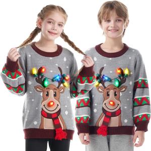 JOYIN Ugly Christmas Sweater Women Men Couples, LED Light Up Ugly Christmas Sweater Kids 2025 Reindeer(Gray