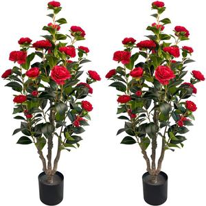 3.4ft Artificial Camellia Tree | Red Flowers & Green Leaves | Indoor Outdoor Decor, No Maintenance (2 Pack - Red)