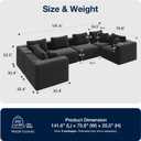 Avenco 141 6-Seat Modular Sectional Sofa Couch, Individually Wrapped Coil Support & Corduroy Fabric, Zero Assembly 6-Piece Set for Large Living Room, Black