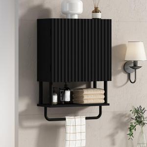 RUSTOWN Fluted Bathroom Wall Cabinet with 2 Doors, 3-Tier Modern Farmhouse Medicine Cabinet, Over The Toilet Storage Cabinet with Adjustable Shelf and Towel Bar (Black, Small)