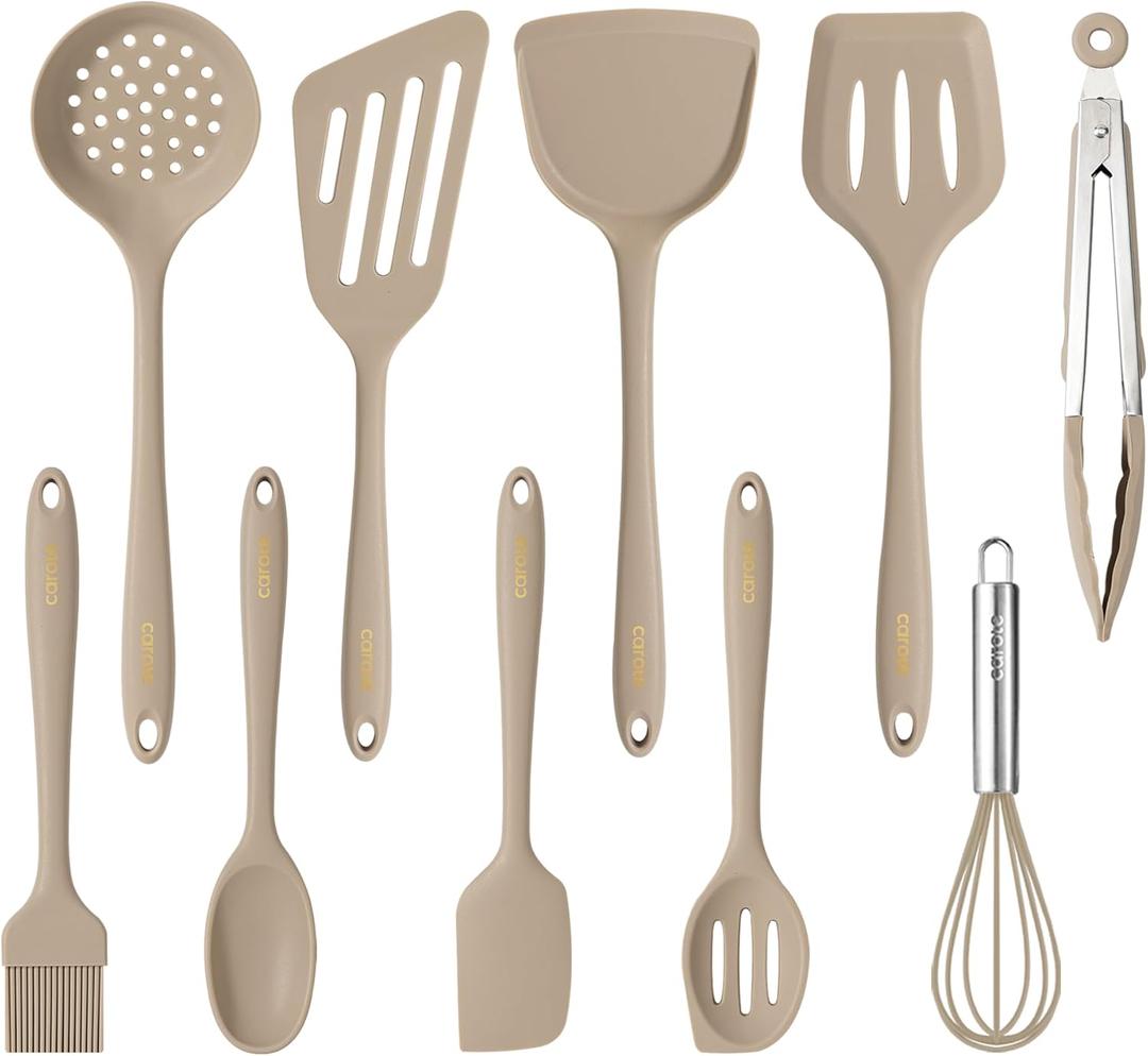 CAROTE Kitchen Utensil Set for Nonstick Cookware, Heat Resistant Silicone Cooking Utensils Set 10pcs, Brown, Oderless Spatula, Turner