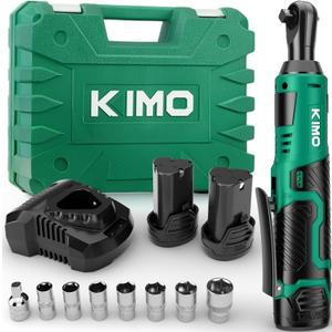 KIMO Cordless Electric Ratchet Wrench Set, 40Ft-lbs, 400RPM, 12V Cordless Ratchet Wrench 3/8" w/Variable Speed Trigger, 7Sockets, 1/4" Adapter, Forward/Reverse Switch, 2Battery Power Ratchet w/Charger