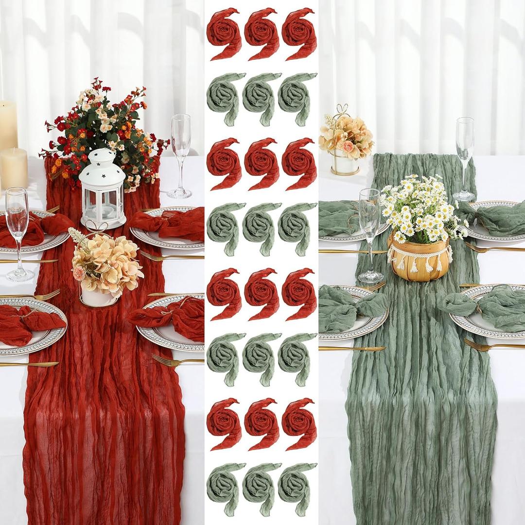 2 Cheesecloth Table Runners and 24 Napkins Set, 10Ft Boho Cheese Cloth Table Runners 20 x 20 Inch Rustic Wrinkled Gauze Napkins for Wedding Birthday Baby Shower Party Decor (Red, Sage Green)