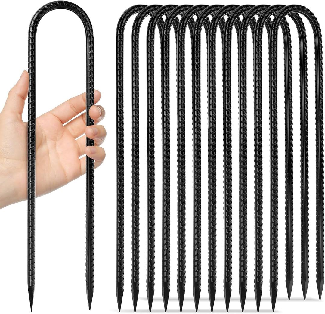 12 inches 12-Pack Trampoline Stakes Anchors High Wind Stake Heavy Duty U Hooks for Ground Lawn Garden Yard Stakes for Decorations Swing Set Shed (U Shape-Black)