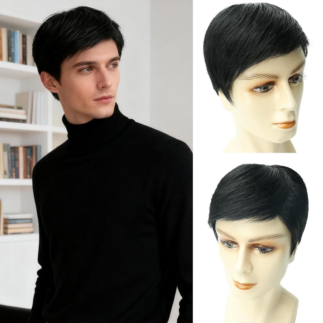 Toupee for Men Human Hair Mens Full head mask Straight hair Wig Short Straight hair Hair Fluffy Realistic Hair Wig Thin Skin Daily Party Costume Wig for Male(black) natural part