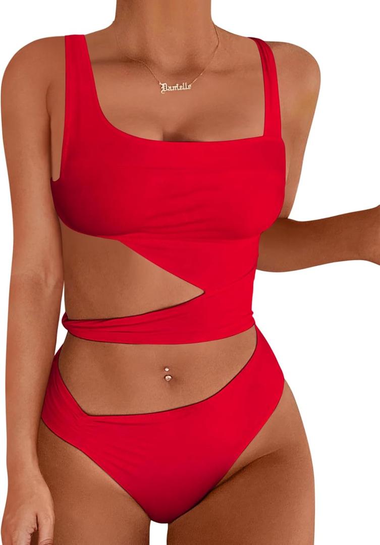 Lilosy Sexy Knotted Ruched High Cut Leg One Piece Swimsuit (Small)