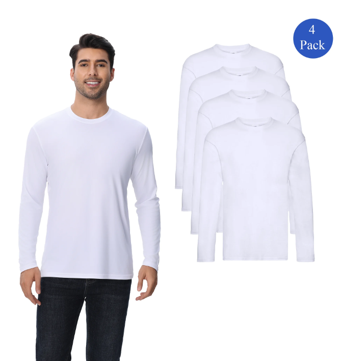 Men's White Crewneck T-Shirt, 4 Pack, Sizes S-4XL - 100 Polyester, High Performance Long Sleeves Shirt, Large