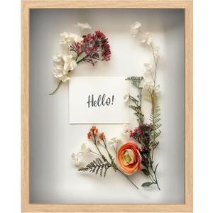 FrameWorks 16" x 20" Original Natural Oak Wooden Shadow Box Frame  Soft Felt Back, Tempered Glass, and Included Elegant White Ball Push Pins