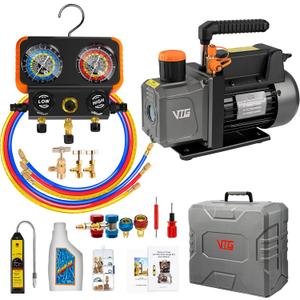 VTG VOGTEN R1234yf AC Vacuum Pump and Gauge Set,4.5CFM Vacuum Pump Manifold Gauge Kit for Auto HVAC Compatible with R1234yf,R404a,R134a,Includes Leak Detector,R1234yf Can Tap,Quick Coupler Adapters