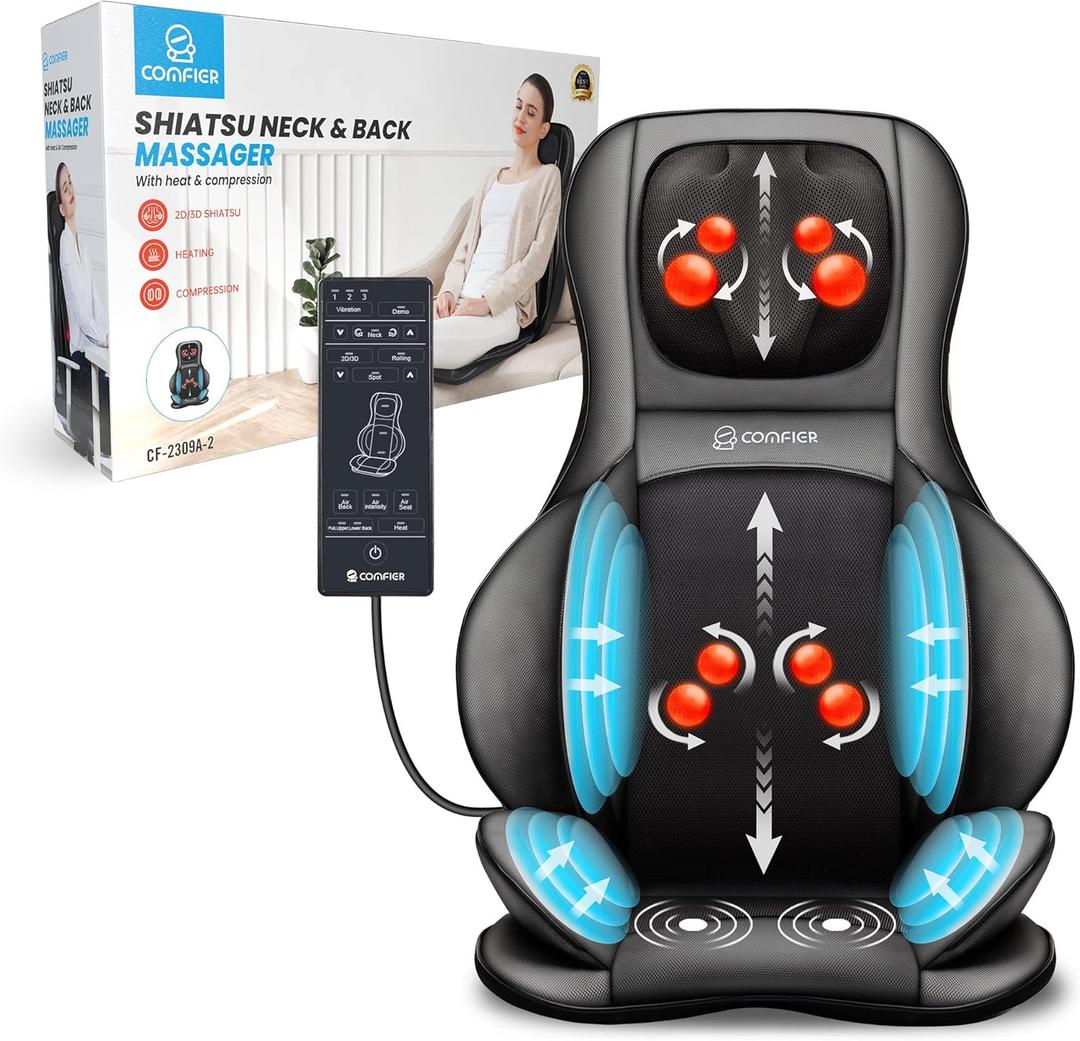 COMFIER Neck Back Massager with Heat, Shiatsu Massage Chair Pad 2D/3D Kneading & Compression Massager, Full Body for and Back, Shoulder, Thighs, Gifts Mom, Dad, Black, 1.0 Count