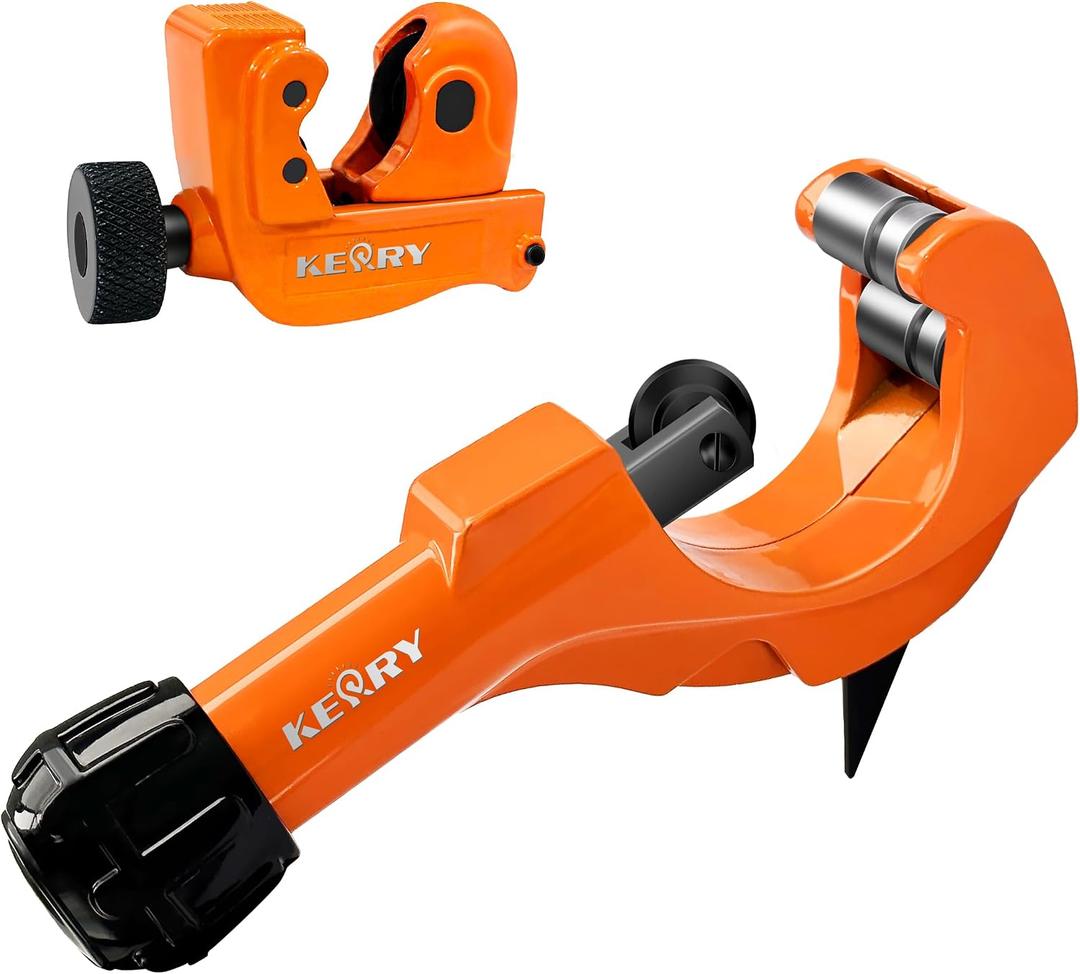 Kerry 2PCS Tubing Cutter Set, 1/5"-2" Heavy Duty Pipe Cutter with Deburring Tool, 1/8"-7/8" Mini Tube Cutter, Aluminum Body GCR15 Blades Cut Aluminum, Thin Stainless Steel, Copper, Plastic Pipes