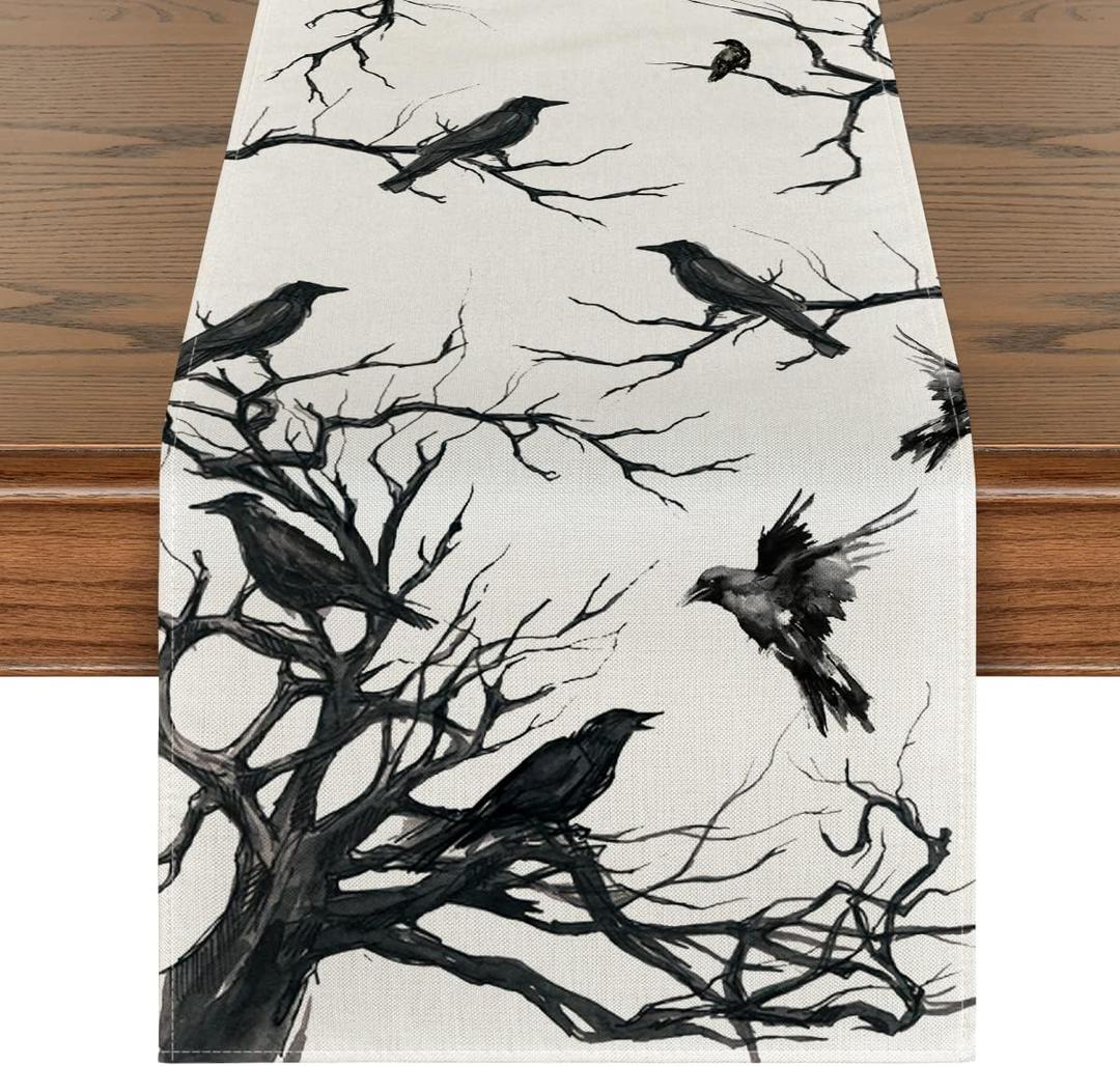 Artoid Mode Silhouette Tree Crows Halloween Table Runner, Branches Fall Kitchen Dining Table Decoration for Outdoor Home Party 13x90 Inch