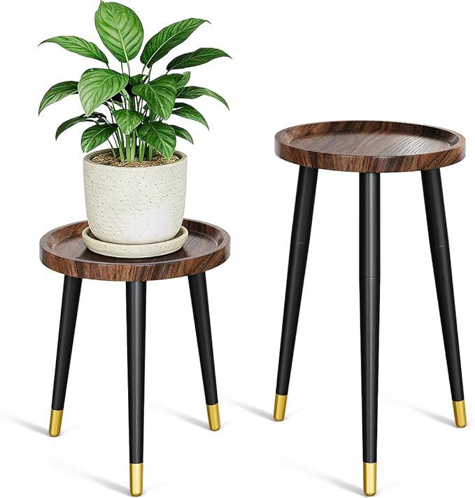 AZADESJET Plant Stand Indoor 2 Pack, Wood Mid Century Indoor Plant Stand, Tall Plant Stands for Flower Pot, Modern Plant Table, Small Side End Table With Raised Design, Walnut, 11.7"x18.8" & 11.7"x13"