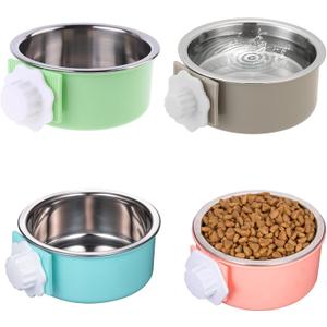 4 Pieces Crate Dog Bowl, Removable Stainless Steel Pet Kennel Hanging Food Water Feeder Bowl Cage Coop Cup for Puppy Medium Dog Cat Rabbit Ferret Bird (Blue,Green,Red,Grey)