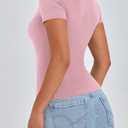 PRETTYGARDEN Women's Short Sleeve Summer Tops 2025 Trendy Ribbed Knit Button Up Tight Basic Tees Shirts Going Out Y2K Clothes (Pink, M)